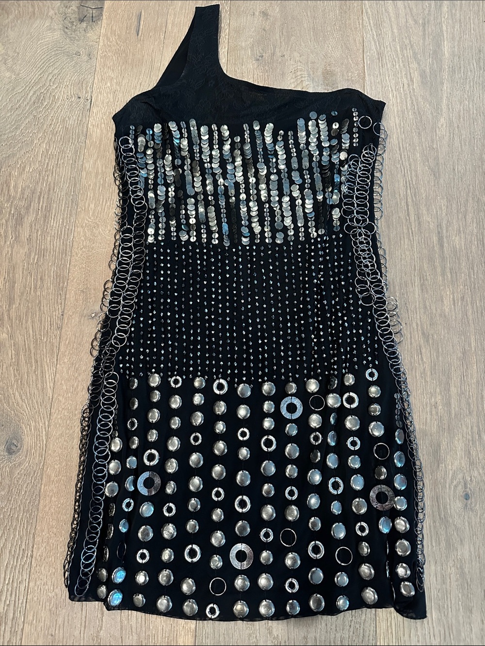 Alice + Olivia Black One-Shoulder Sequin & Grommet Embellished Dress
